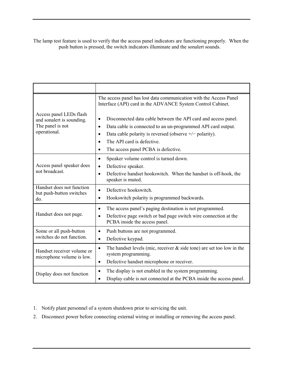 Lamp test feature, Maintenance, Troubleshooting | Servicing guidelines | GAI-Tronics 12576-50315 Desktop Access Panel with LCD Display User Manual | Page 11 / 14