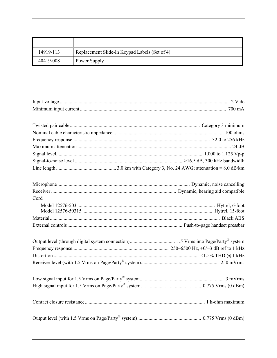 Spare parts, Specifications | GAI-Tronics 12576-50315 Desktop Access Panel with LCD Display User Manual | Page 12 / 14