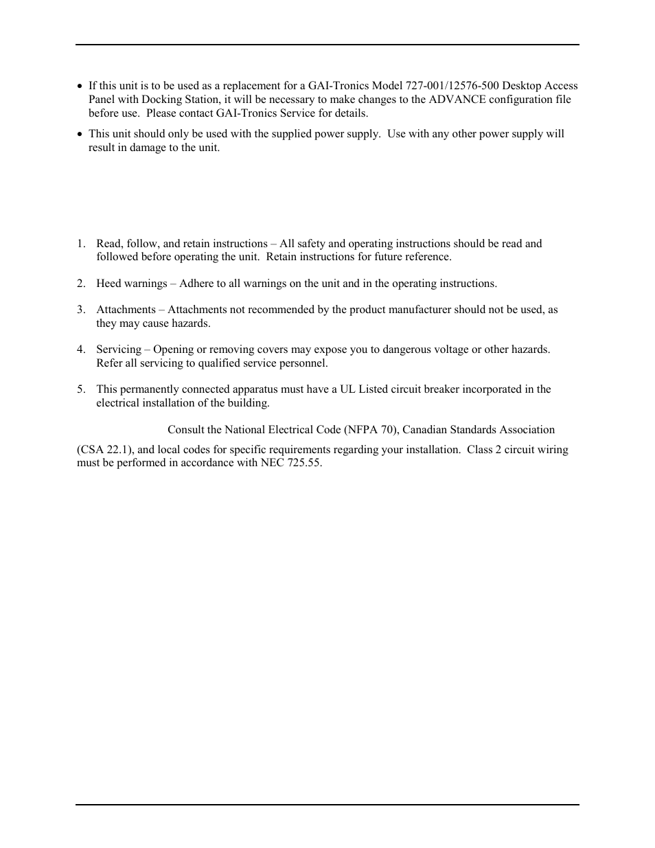Installation, Important safety instructions | GAI-Tronics 12576-50315 Desktop Access Panel with LCD Display User Manual | Page 2 / 14