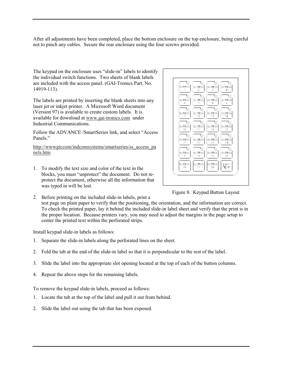 Attaching the front panel, Keypad labels | GAI-Tronics 12576-50315 Desktop Access Panel with LCD Display User Manual | Page 8 / 14