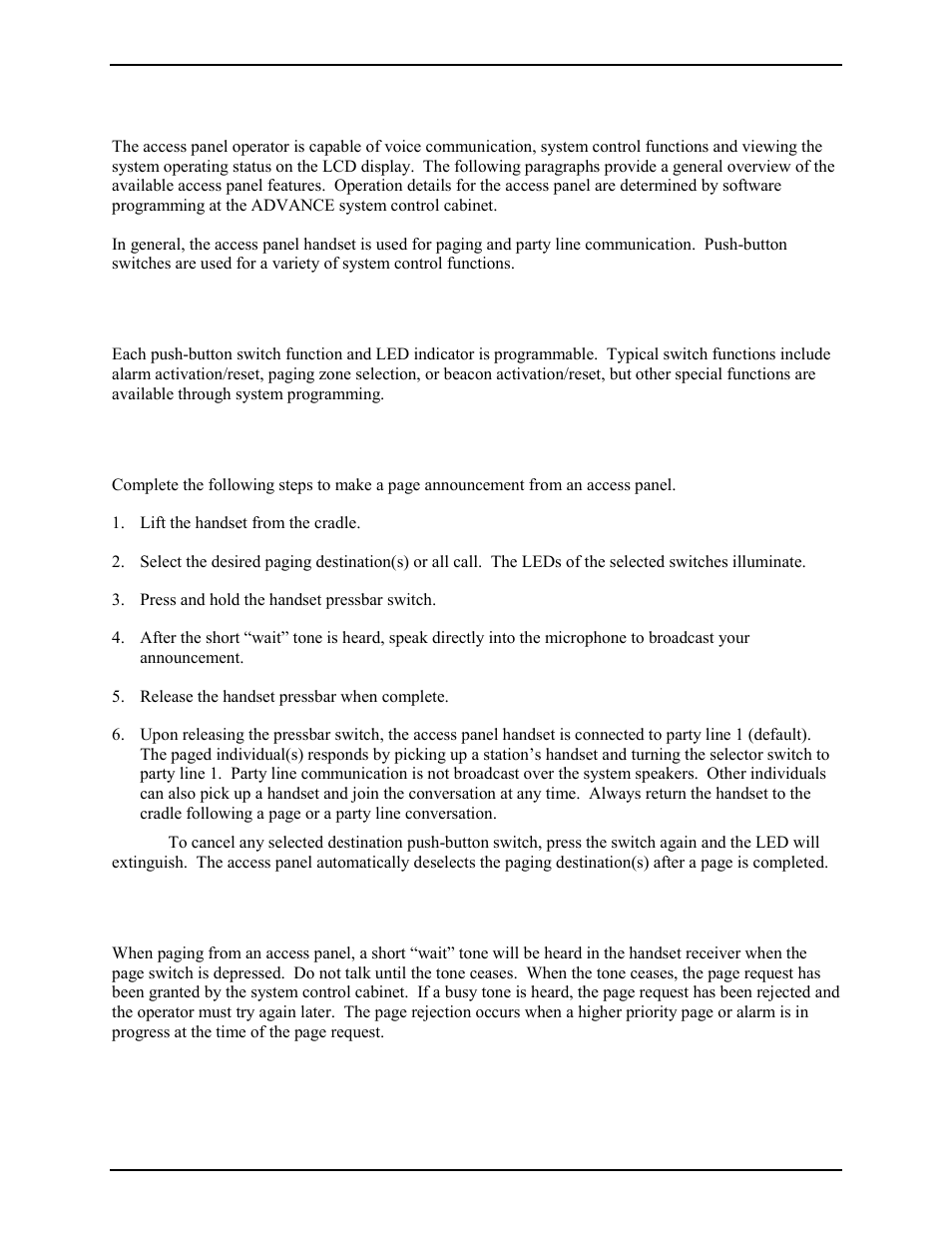 Operation, Push-button switch summary, Paging and party line operation (typical) | Paging confirmation tones | GAI-Tronics 12576-50315 Desktop Access Panel with LCD Display User Manual | Page 9 / 14