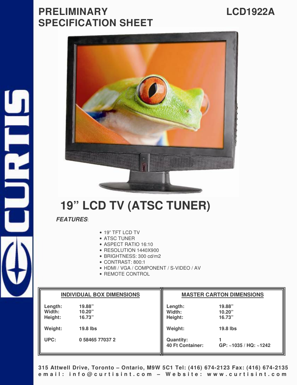 Curtis LCD 1922A User Manual | 1 page