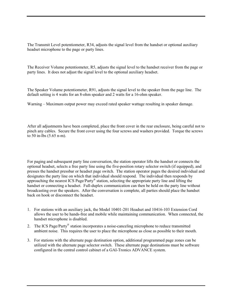Level adjustments, Transmit level, Receiver volume | Speaker volume, Attach the front panel, Operation | GAI-Tronics ICS Zone 2/22 Weatherproof Page/Party Station User Manual | Page 10 / 36