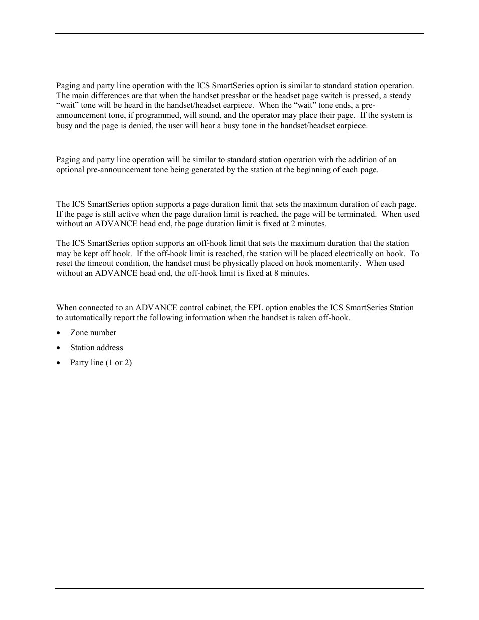 Operation, Paging with advance head end, Paging without advance head end | Station time-out features, Emergency party line (epl) | GAI-Tronics ICS Zone 2/22 Weatherproof Page/Party Station User Manual | Page 15 / 36