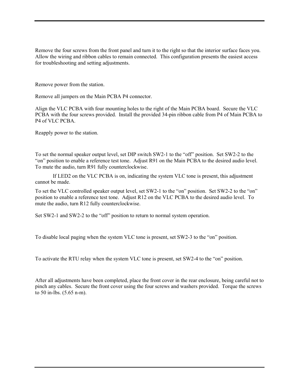 Installation & adjustments, Opening the station, Installing the vlc pcba | Audio alignment, Remote output switching (available with rtu only), Attaching the front panel | GAI-Tronics ICS Zone 2/22 Weatherproof Page/Party Station User Manual | Page 19 / 36