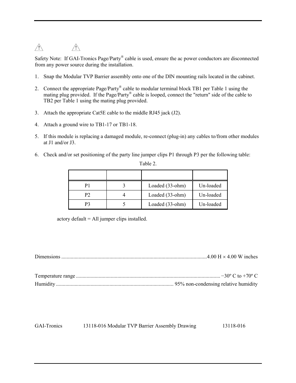 Installation, Specifications, Reference to assembly/model drawings | GAI-Tronics 113118-116 Modular TVP Barrier Assembly User Manual | Page 3 / 4