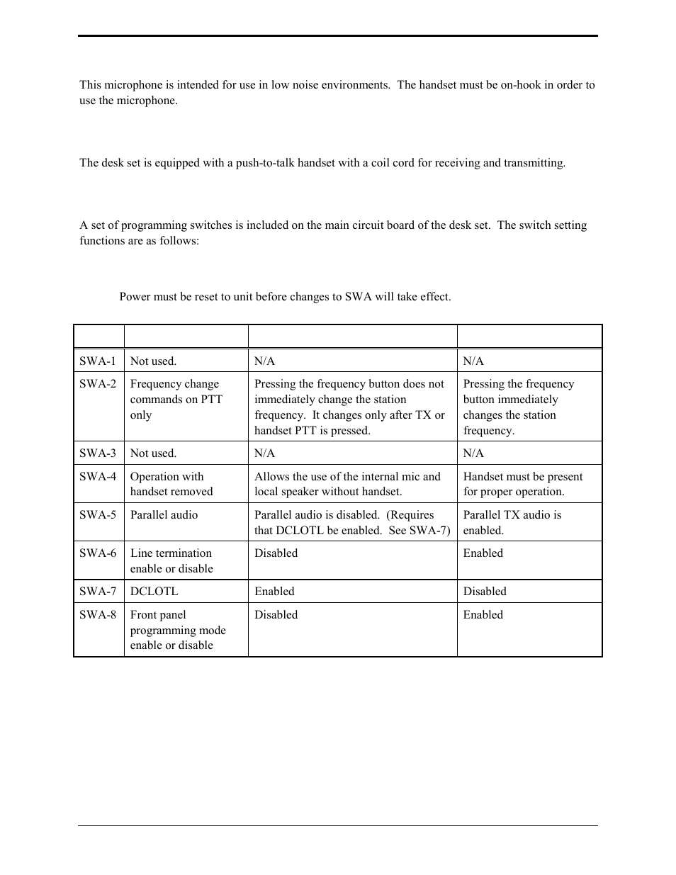 Internal microphone, Handset, Programming switches | Swa switch settings | GAI-Tronics IDR1000A DC Remote User and Installation Manual User Manual | Page 11 / 38