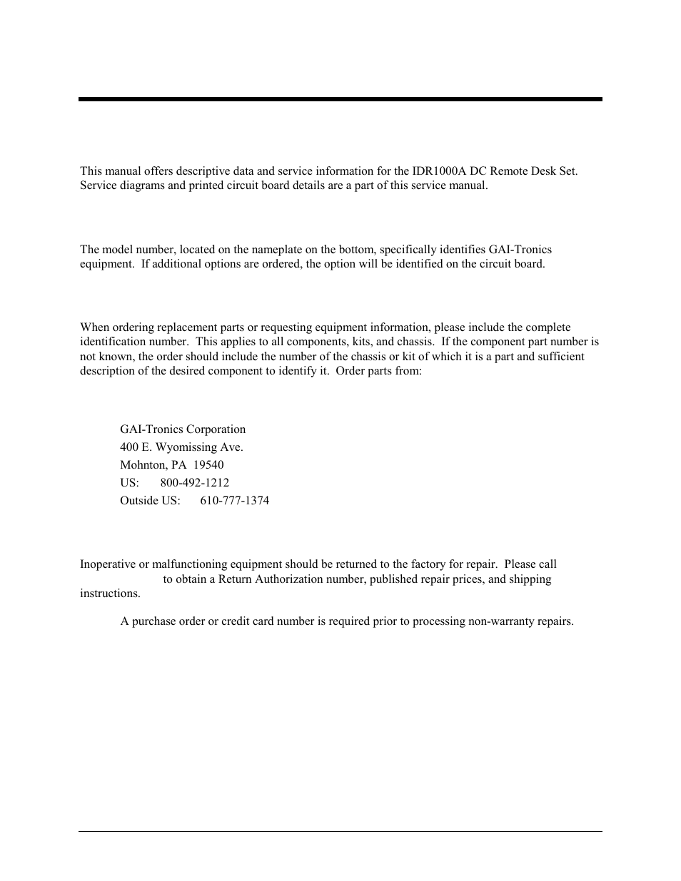 Foreword, Scope of manual, Nomenclature | Ordering replacement parts, Service and repair | GAI-Tronics IDR1000A DC Remote User and Installation Manual User Manual | Page 5 / 38