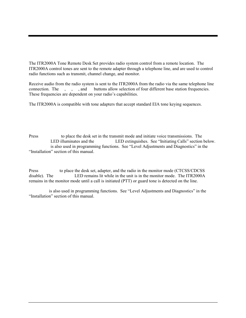 Operation, Introduction, Front panel buttons | Transmit button and led, Monitor button and led | GAI-Tronics ITR2000A Tone Remote Deskset User and Installation Manual User Manual | Page 13 / 44