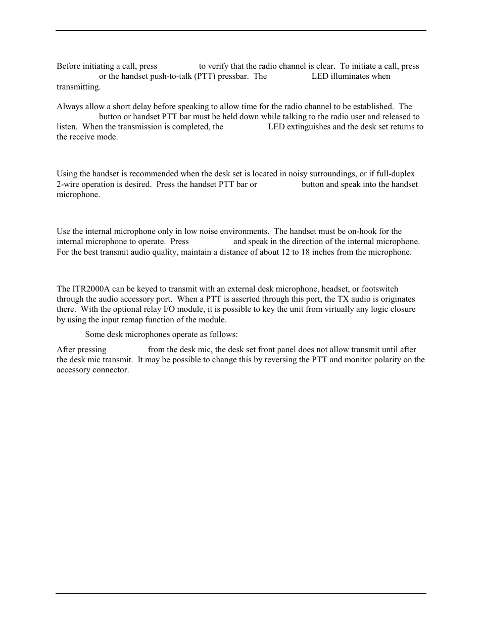 Initiating calls, Handset transmit, Transmit from internal microphone | Transmit from desk microphone or footswitch | GAI-Tronics ITR2000A Tone Remote Deskset User and Installation Manual User Manual | Page 16 / 44