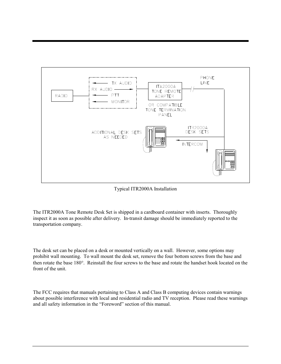 Installation, Planning the installation, Mechanical receipt inspection | Mounting, Fcc interference warnings | GAI-Tronics ITR2000A Tone Remote Deskset User and Installation Manual User Manual | Page 19 / 44