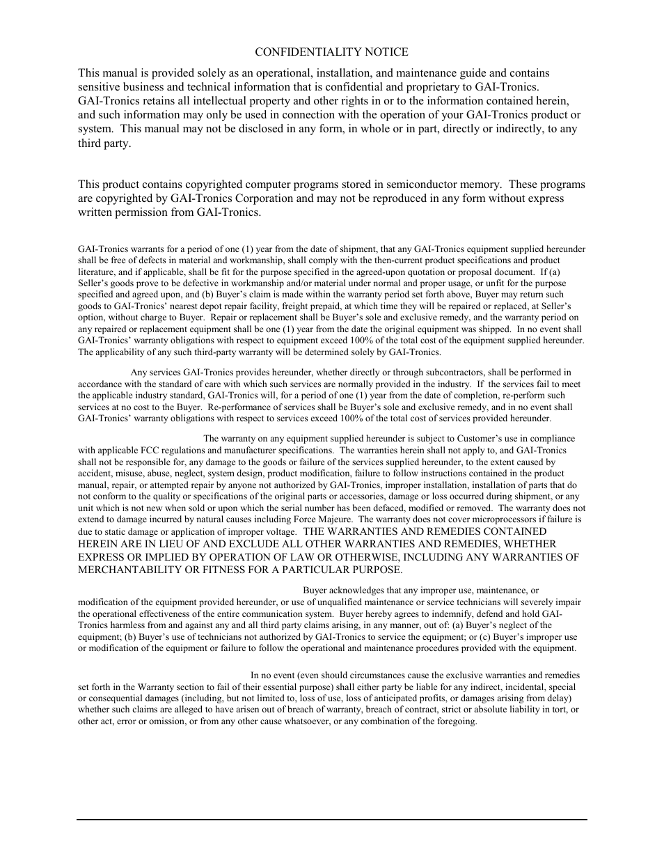 Confidentiality notice, Computer software copyrights, Warranty | GAI-Tronics ITR2000A Tone Remote Deskset User and Installation Manual User Manual | Page 2 / 44