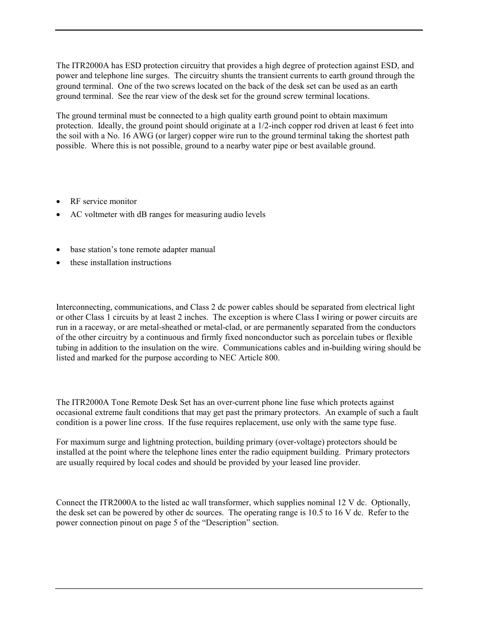 Electrostatic discharge (esd) protection, Equipment required, Test equipment | Documentation, Cable installation safety considerations, Power connection | GAI-Tronics ITR2000A Tone Remote Deskset User and Installation Manual User Manual | Page 20 / 44