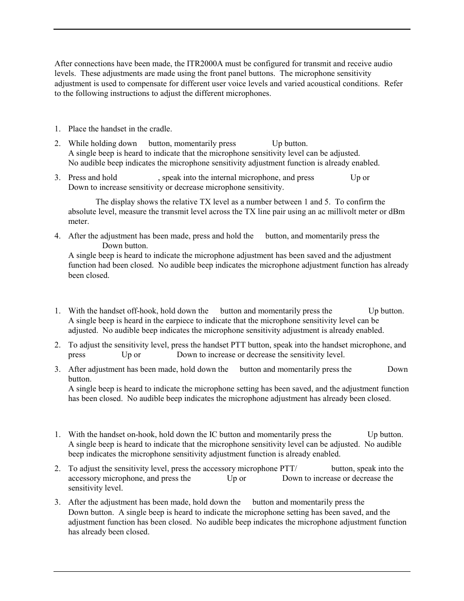 Microphone sensitivity, Internal microphone, Handset microphone | Accessory microphone | GAI-Tronics ITR2000A Tone Remote Deskset User and Installation Manual User Manual | Page 22 / 44