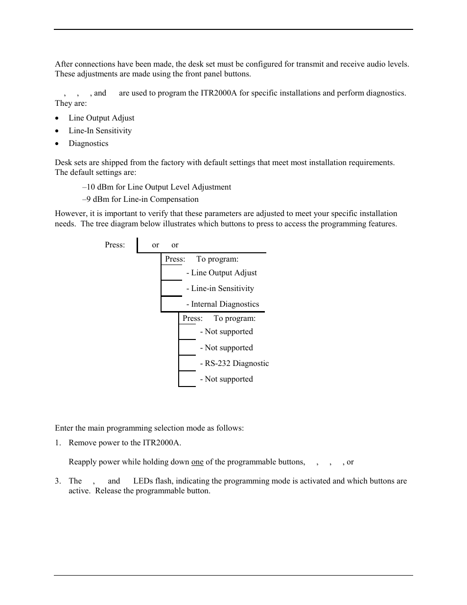 Level adjustments and diagnostics, Main programming selection mode | GAI-Tronics ITR2000A Tone Remote Deskset User and Installation Manual User Manual | Page 23 / 44