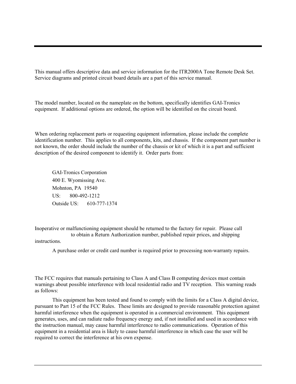 Foreword, Scope of manual, Nomenclature | Ordering replacement parts, Service and repair, Fcc interference warning | GAI-Tronics ITR2000A Tone Remote Deskset User and Installation Manual User Manual | Page 5 / 44