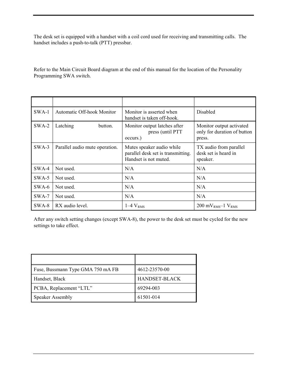 Handset, Personality programming switch (swa) | GAI-Tronics ILD1000A Local Deskset User and Installation Manual User Manual | Page 10 / 32