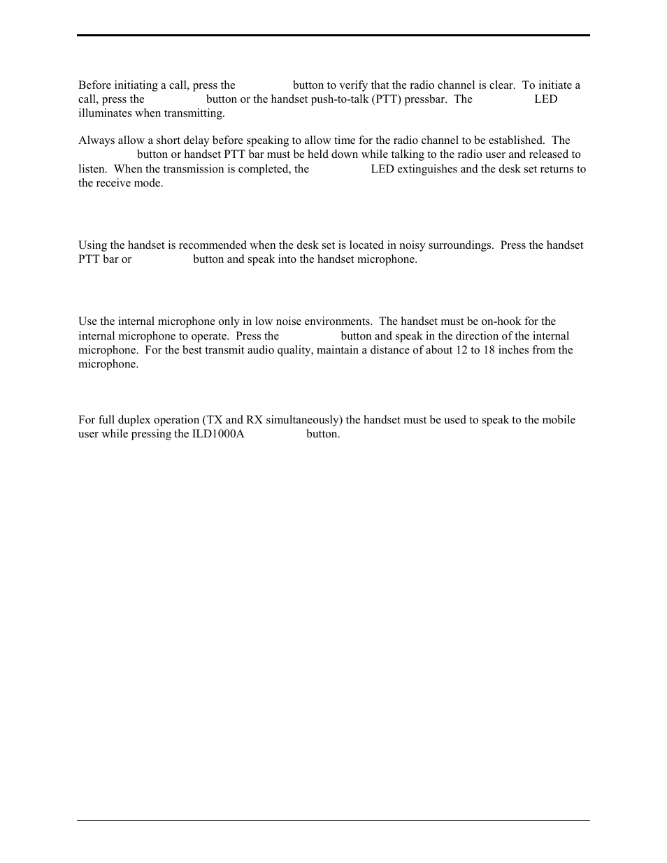 Initiating calls, Handset transmit, Transmit from internal microphone | Full duplex operation | GAI-Tronics ILD1000A Local Deskset User and Installation Manual User Manual | Page 12 / 32