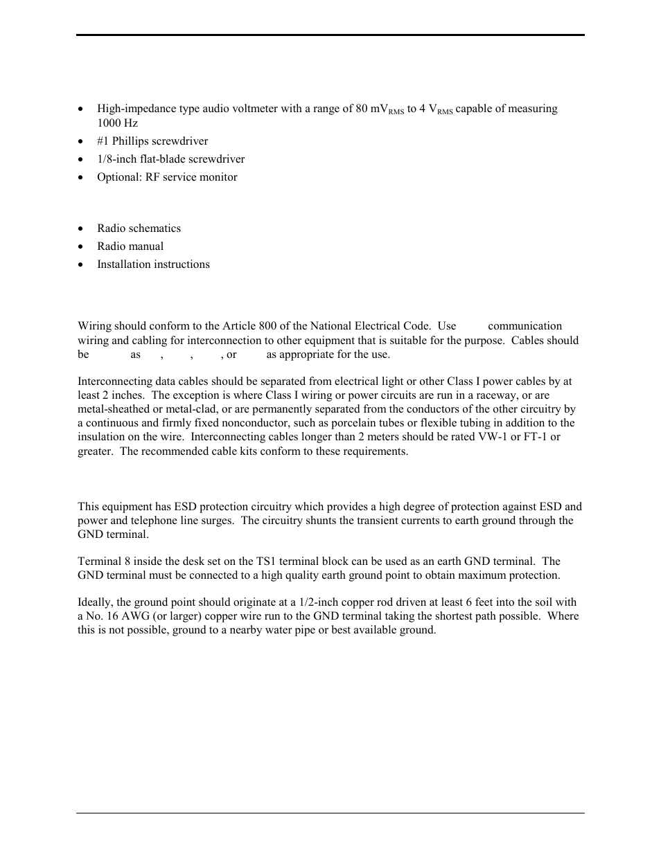 Equipment required, Test equipment, Documentation | Cable installation safety considerations, Electrostatic discharge (esd) protection | GAI-Tronics ILD1000A Local Deskset User and Installation Manual User Manual | Page 14 / 32