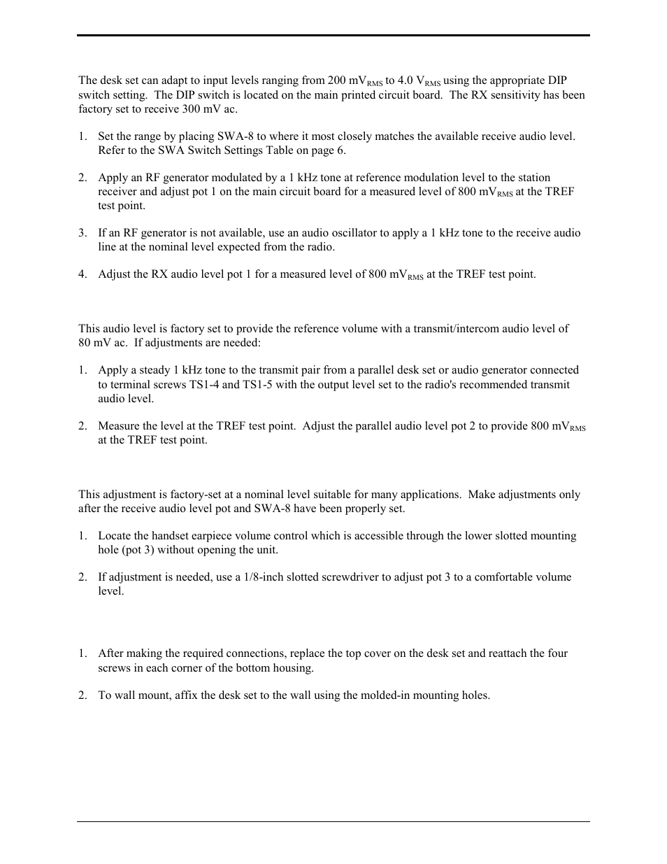 Line (receive audio) input level adjustment, Intercom audio input adjustment, Handset microphone | Desk set reassembly | GAI-Tronics ILD1000A Local Deskset User and Installation Manual User Manual | Page 18 / 32