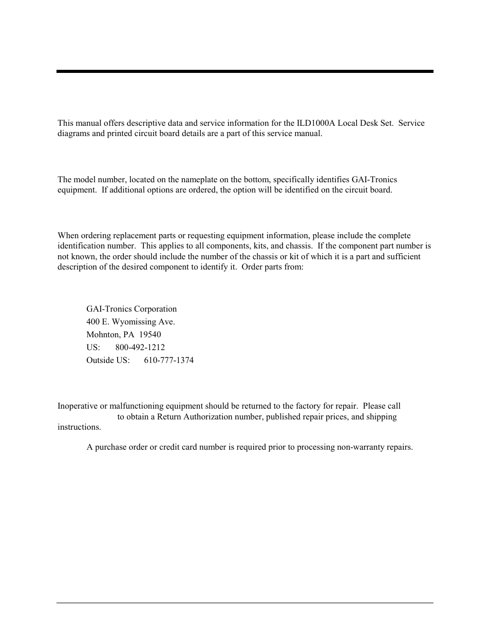 Foreword, Scope of manual, Nomenclature | Ordering replacement parts, Service and repair | GAI-Tronics ILD1000A Local Deskset User and Installation Manual User Manual | Page 5 / 32