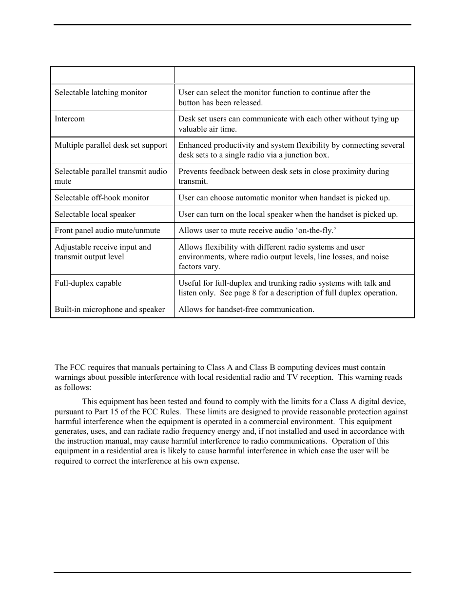 Features and benefits, Fcc interference warning | GAI-Tronics ILD1000A Local Deskset User and Installation Manual User Manual | Page 6 / 32