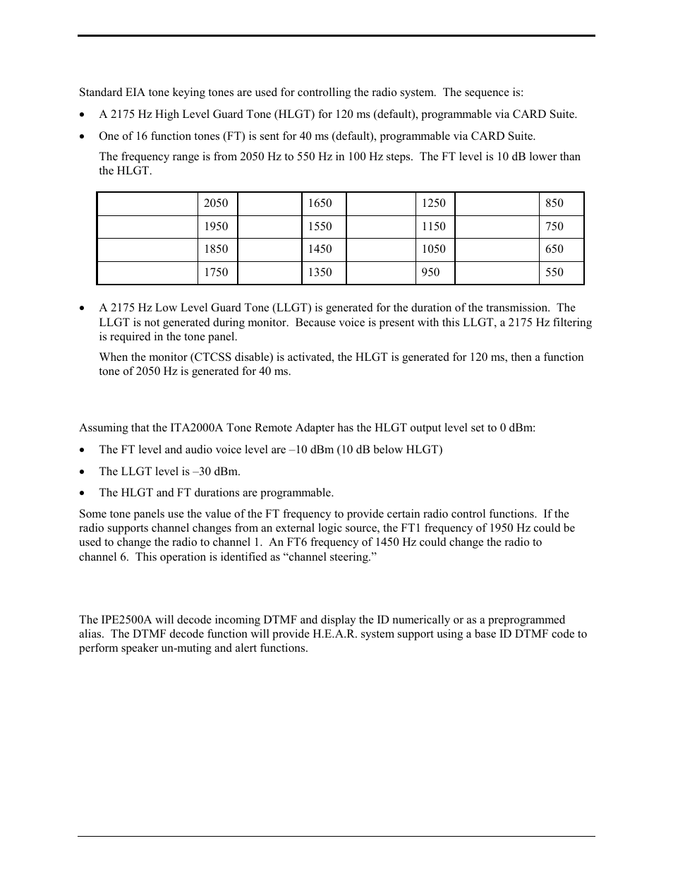 Control tones, Tone levels, Dtmf decode/h.e.a.r. system support | GAI-Tronics IPE2500A, IPE2500A-MLS Paging Encoder / Desktop Controller User and Installatoin Manual User Manual | Page 14 / 87