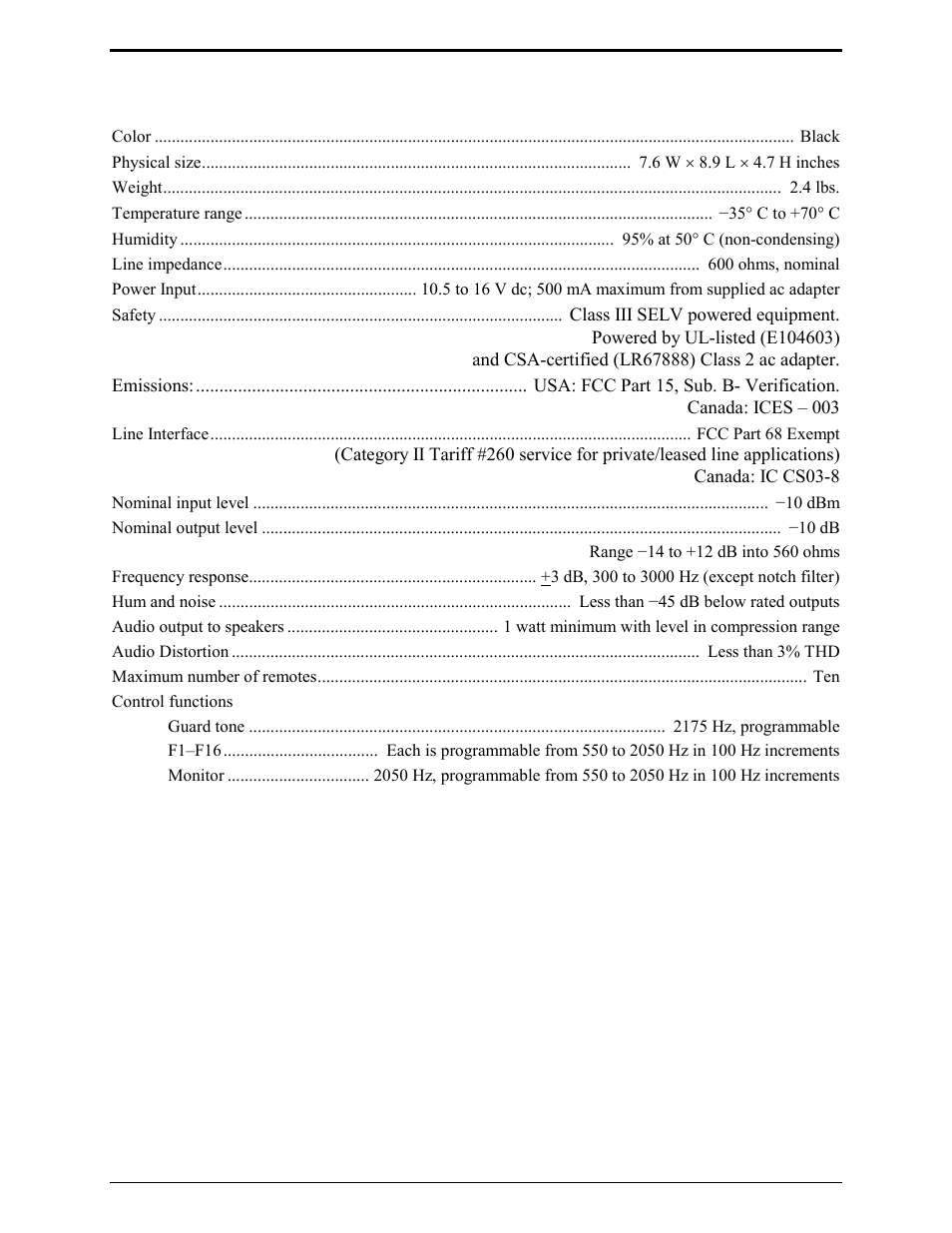 Performance specifications | GAI-Tronics IPE2500A, IPE2500A-MLS Paging Encoder / Desktop Controller User and Installatoin Manual User Manual | Page 16 / 87