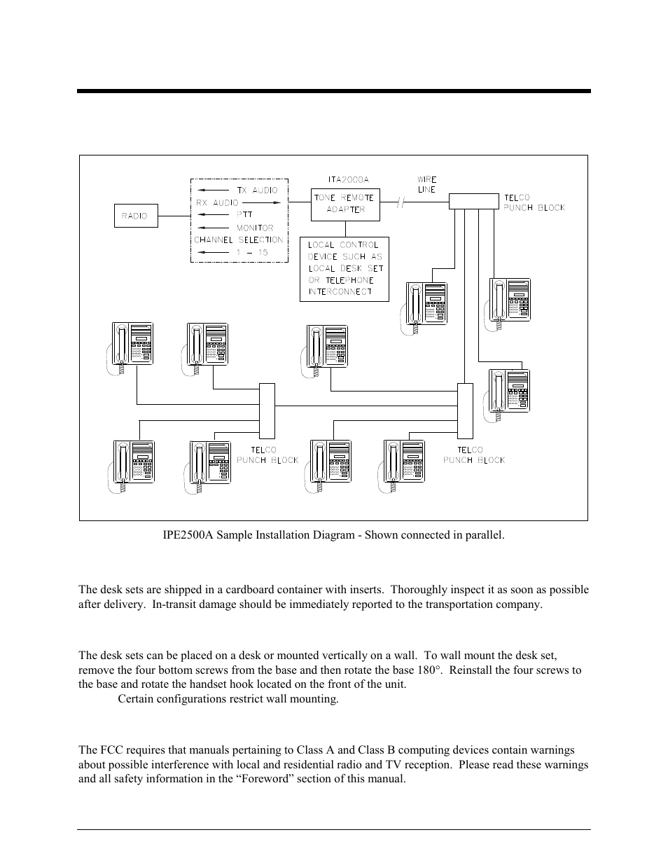 Installation, Planning the installation, Mechanical receipt inspection | Mounting, Fcc interference warnings | GAI-Tronics IPE2500A, IPE2500A-MLS Paging Encoder / Desktop Controller User and Installatoin Manual User Manual | Page 43 / 87