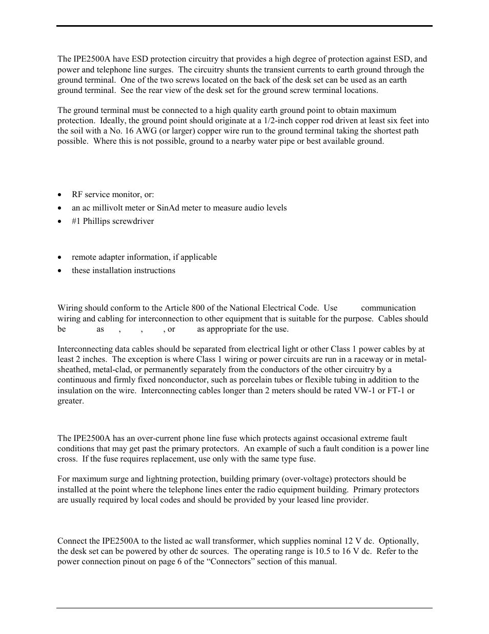 Electrostatic discharge (esd) protection, Equipment required, Cable installation safety considerations | Power connection | GAI-Tronics IPE2500A, IPE2500A-MLS Paging Encoder / Desktop Controller User and Installatoin Manual User Manual | Page 44 / 87