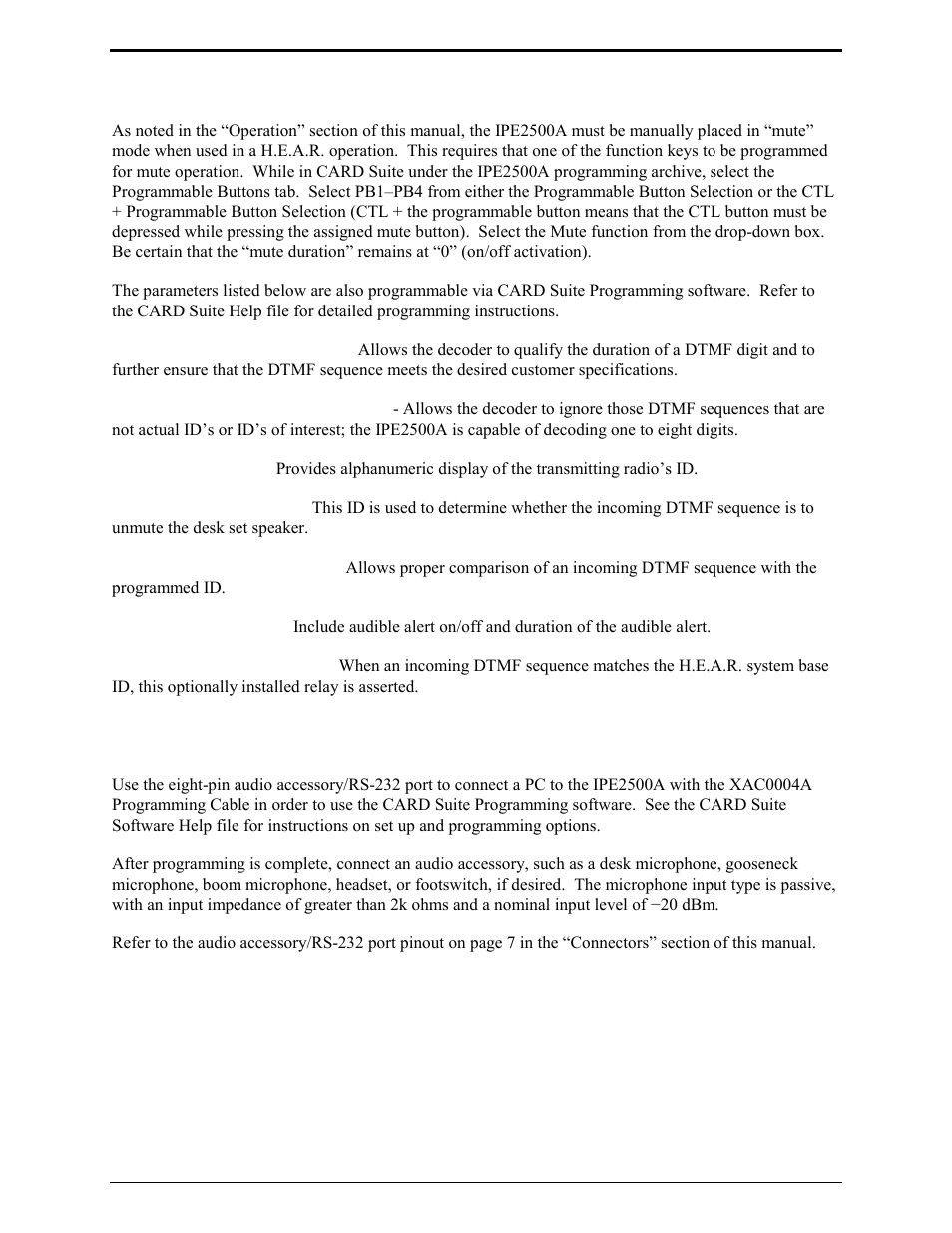Dtmf/h.e.a.r. functions, Audio accessory/rs-232 port | GAI-Tronics IPE2500A, IPE2500A-MLS Paging Encoder / Desktop Controller User and Installatoin Manual User Manual | Page 49 / 87