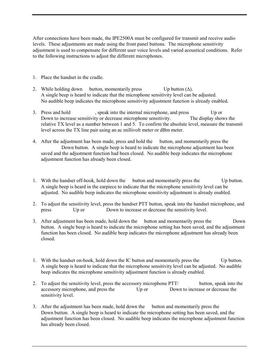 Microphone sensitivity adjustments, Internal microphone, Handset microphone | Accessory microphone | GAI-Tronics IPE2500A, IPE2500A-MLS Paging Encoder / Desktop Controller User and Installatoin Manual User Manual | Page 50 / 87
