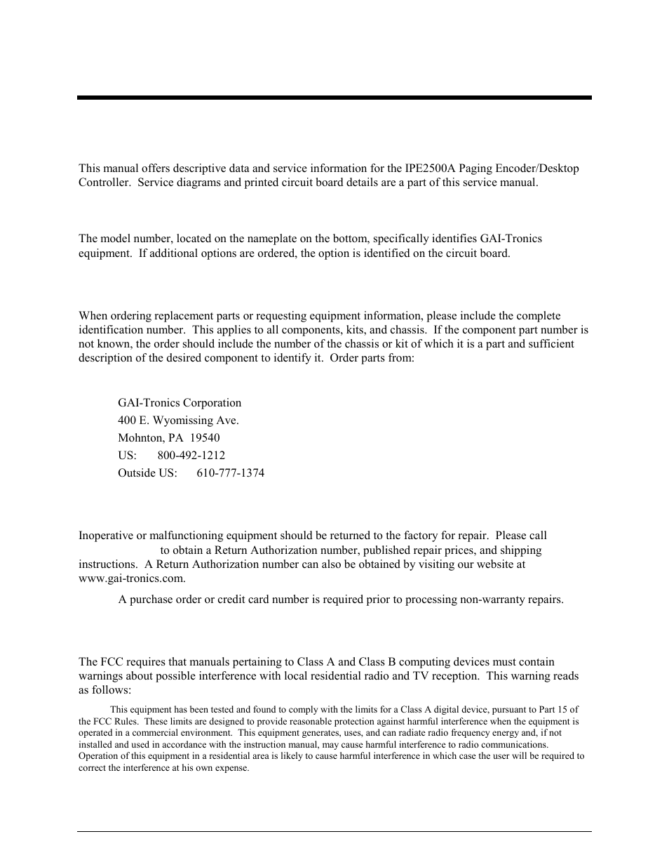 Foreword, Scope of manual, Nomenclature | Ordering replacement parts, Service and repair, Fcc interference warning | GAI-Tronics IPE2500A, IPE2500A-MLS Paging Encoder / Desktop Controller User and Installatoin Manual User Manual | Page 7 / 87