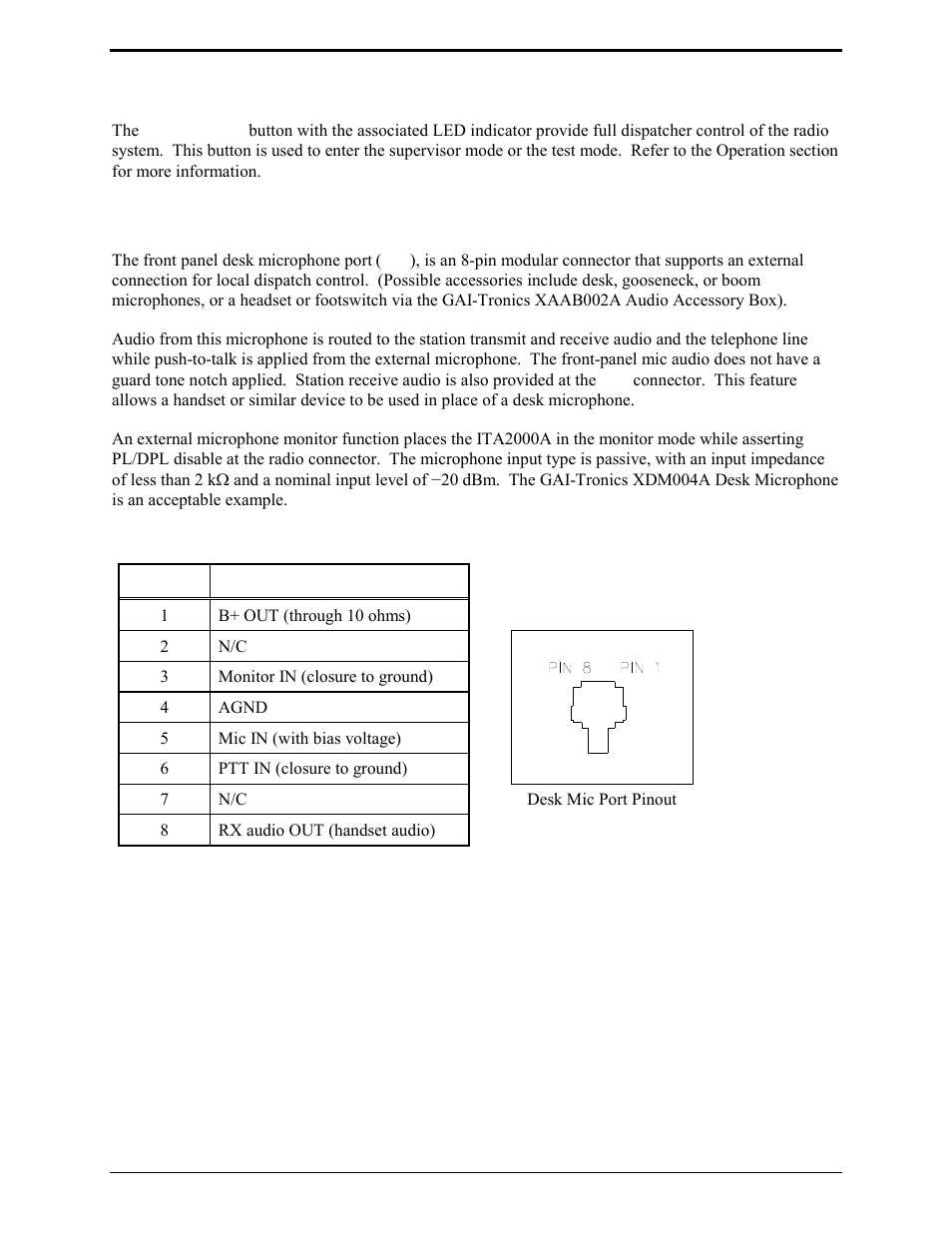 Supervisor button, Desk microphone port, Desk microphone port pinout | GAI-Tronics ITA2000A ITA2000A Series Tone Remote Adapter with Scanning User and Installation Manual User Manual | Page 12 / 54