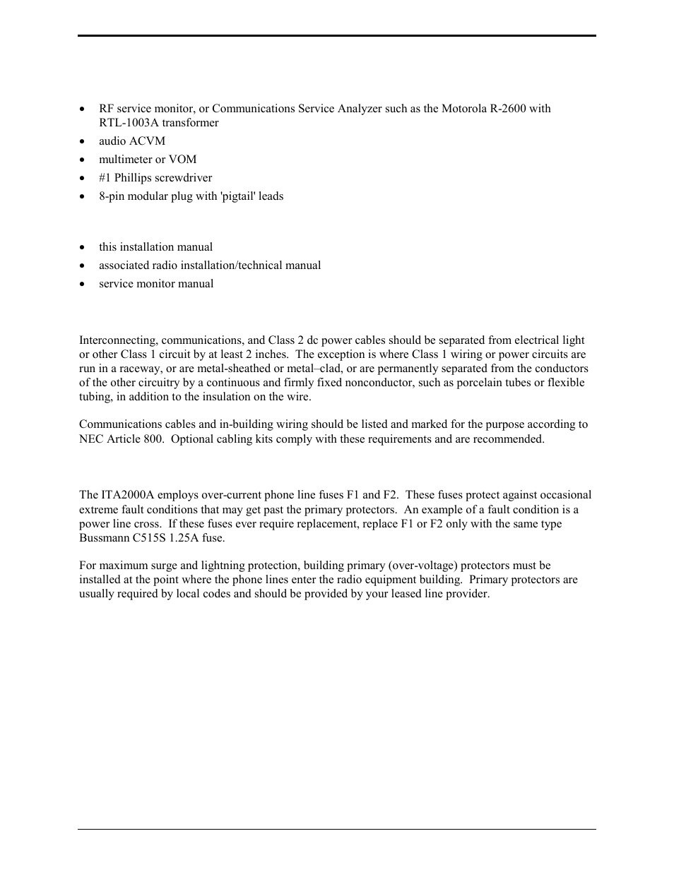 Equipment required, Test equipment, Documentation | Cable installation safety considerations | GAI-Tronics ITA2000A ITA2000A Series Tone Remote Adapter with Scanning User and Installation Manual User Manual | Page 18 / 54