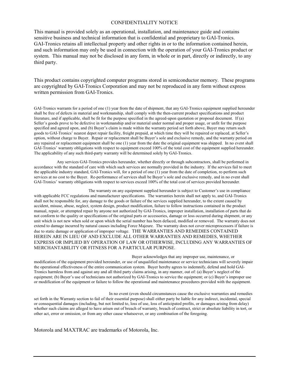 Confidentiality notice, Computer software copyrights, Warranty | GAI-Tronics ITA2000A ITA2000A Series Tone Remote Adapter with Scanning User and Installation Manual User Manual | Page 2 / 54