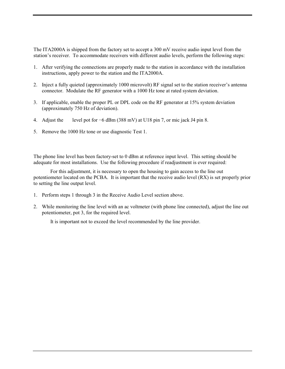 Level settings and adjustments, Receive audio level, Line output level | GAI-Tronics ITA2000A ITA2000A Series Tone Remote Adapter with Scanning User and Installation Manual User Manual | Page 36 / 54
