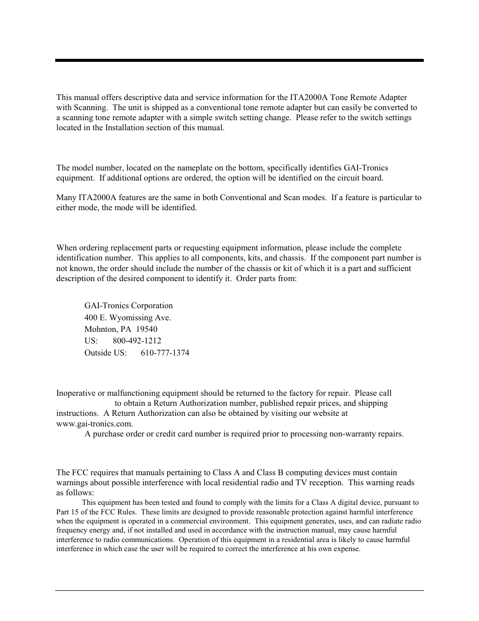 Foreword, Scope of manual, Nomenclature | Ordering replacement parts, Service and repair, Fcc interference warning | GAI-Tronics ITA2000A ITA2000A Series Tone Remote Adapter with Scanning User and Installation Manual User Manual | Page 5 / 54