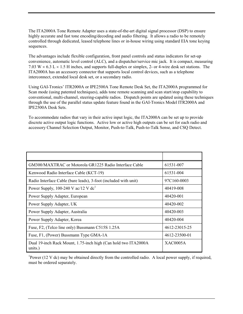 Product overview, Ita2000a accessories | GAI-Tronics ITA2000A ITA2000A Series Tone Remote Adapter with Scanning User and Installation Manual User Manual | Page 9 / 54