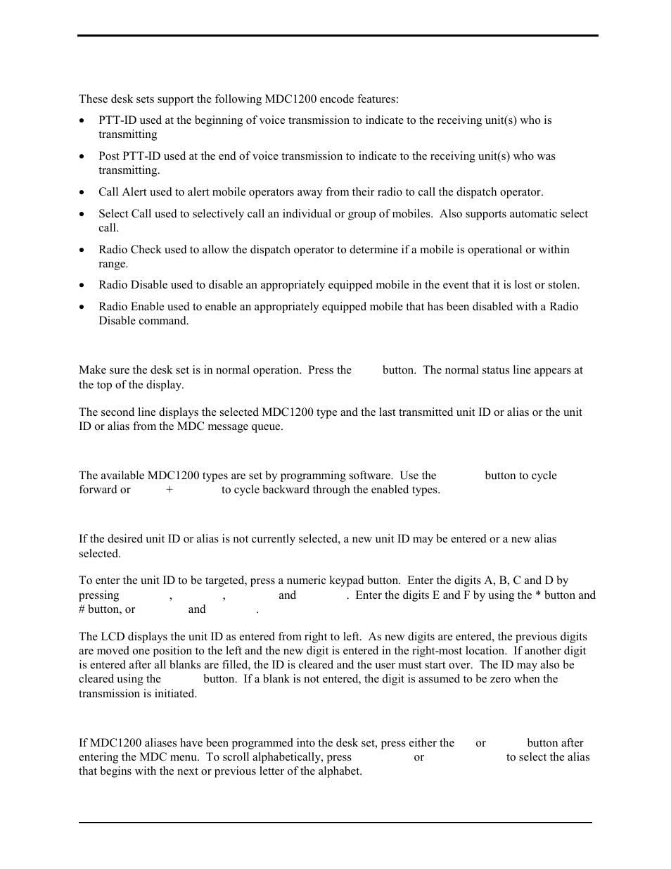 Mdc1200 applicability, Entering the mdc menu, Selecting the mdc1200 type | Entering the unit id for mdc1200, Entering a programmed alias | GAI-Tronics L3149B C200 Advanced Deskset User Manual | Page 25 / 92