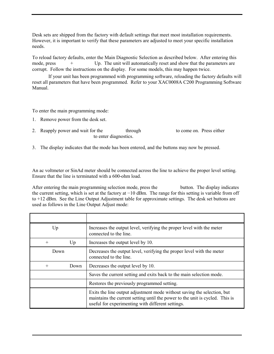 Reloading factory defaults, Main diagnostics selection, Prog 1/5 - line output adjust | GAI-Tronics L3149B C200 Advanced Deskset User Manual | Page 42 / 92