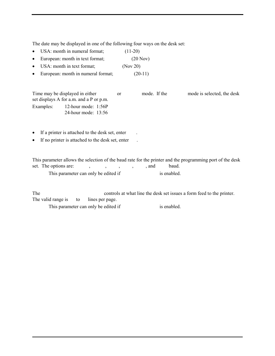 Desk set parameters, Date format, Clock format | Printer enabled, Printer port baud rate | GAI-Tronics L3149B C200 Advanced Deskset User Manual | Page 50 / 92