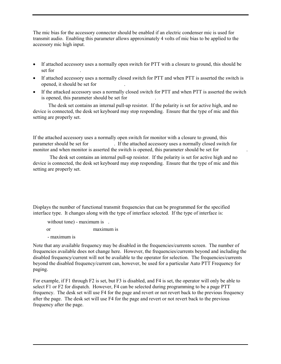 Accessory mic bias, Accessory ptt polarity, Accessory monitor polarity | Parameters - line configuration, Number of frequencies/currents | GAI-Tronics L3149B C200 Advanced Deskset User Manual | Page 51 / 92