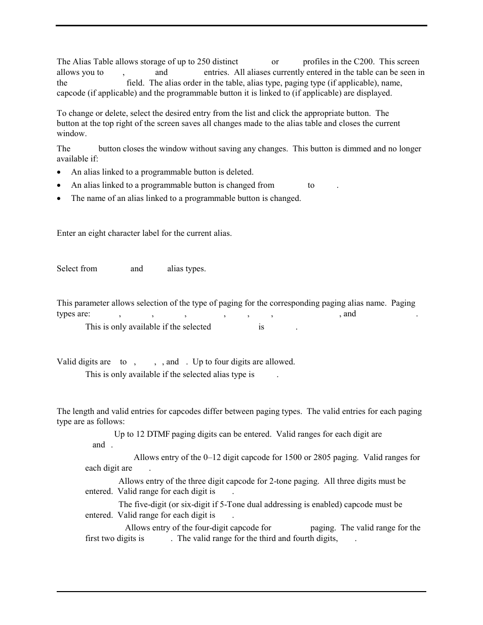 Alias table, Alias name, Alias type | Paging type, Mdc unit id, Capcode | GAI-Tronics L3149B C200 Advanced Deskset User Manual | Page 72 / 92