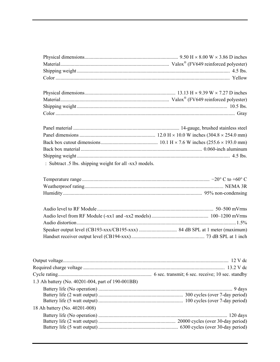 Specifications | GAI-Tronics CB193-001 Call Boxes User Manual | Page 13 / 53
