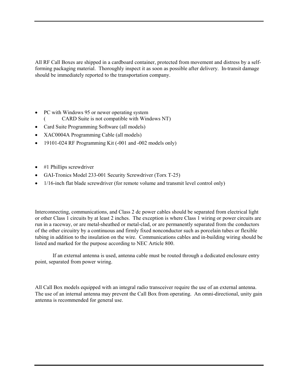 Installation and mounting, Mechanical receipt inspection, Equipment required | Programming, Tools, Cable installation safety considerations, Antenna | GAI-Tronics CB193-001 Call Boxes User Manual | Page 31 / 53