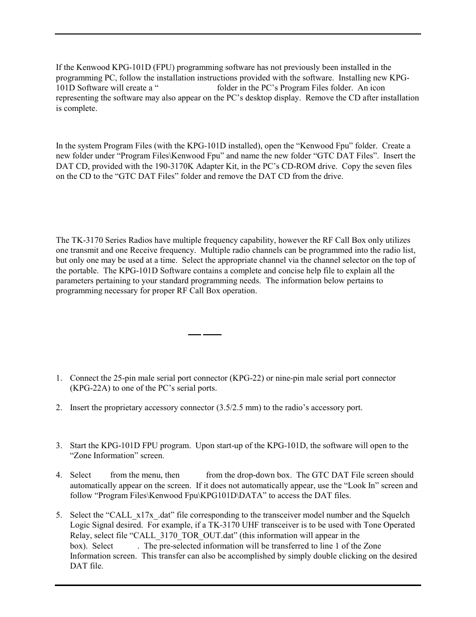 Install the kpg-101d software, Copying the kenwood dat files, Programming the tk-3170 series radio | General information, Connections (kpg-22 or kpg-22a programming cables), Programming | GAI-Tronics CB193-001 Call Boxes User Manual | Page 45 / 53