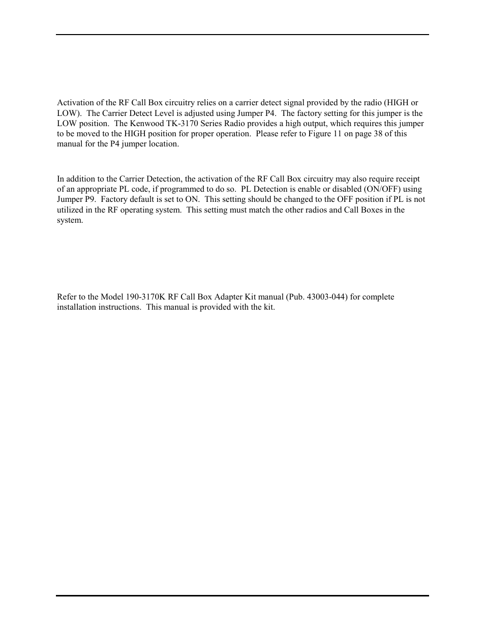 Rf call box jumper settings, Jumper settings (cb19x–xx3 models only), Carrier level detect | Private line (tcs/dcs) detection, Installing the kenwood tk-3170 series radio | GAI-Tronics CB193-001 Call Boxes User Manual | Page 48 / 53