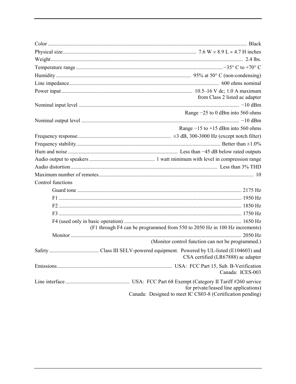 Performance specifications | GAI-Tronics ITR1000-001 Model ITR1000-001 Basic Tone Remote Deskset with Line Select User and Installation Manual User Manual | Page 12 / 40