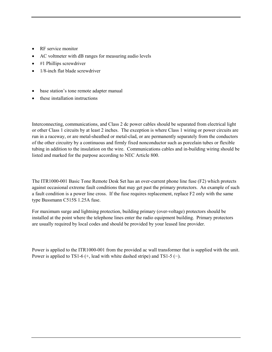 Equipment required, Test equipment, Documentation | Cable installation safety considerations, Power connections | GAI-Tronics ITR1000-001 Model ITR1000-001 Basic Tone Remote Deskset with Line Select User and Installation Manual User Manual | Page 16 / 40